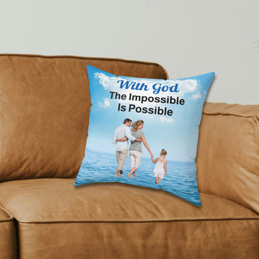 Faith-based throw pillow with “Impossible Family” design, family walking on water with message